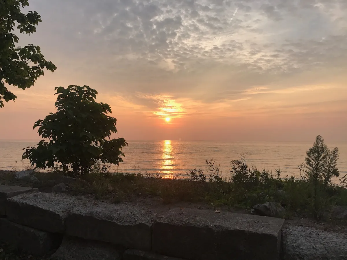 Sunset over Lake Erie seen from the shore at Turkey Point, Ontario